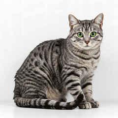 Fototapeta premium Gray Tabby Cat with Green Eyes Sitting on White Background