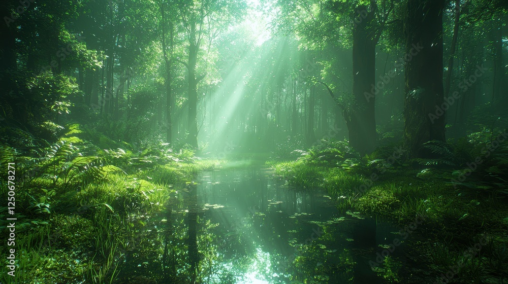 Poster serene forest scene with sunlight filtering through trees and reflecting in water.