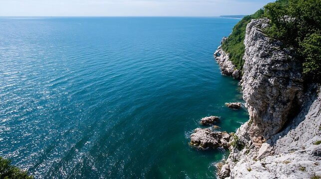Stunning coastal view showcasing vibrant blue water and rocky cliffs under a clear sky : Generative AI