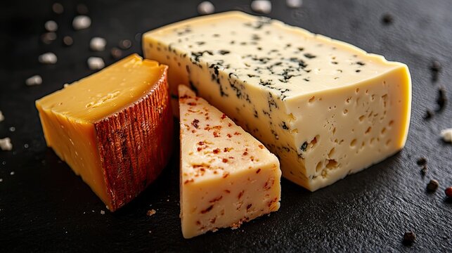 Three types of cheese on a black background: on the left, a cluster of small,