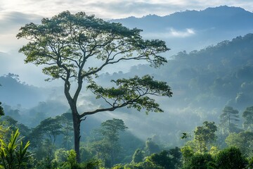 Obraz premium Sunrise illuminates solitary tree on misty mountainside, rainforest backdrop, nature serenity