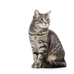 Obraz premium Gray Tabby Cat Sitting Isolated on White Background