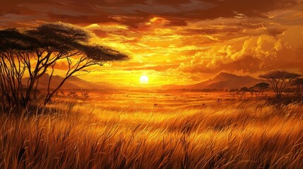 Fototapeta premium African Savannah Sunset: Golden Hour in the Serengeti