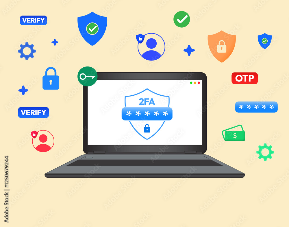 Poster secure and protected 2fa authentication on the laptop screen with colorful shape floating around, il