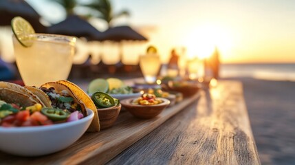Sunset Taco Feast Vibrant Tropical Tacos and Margaritas on Rustic Wood - National Crunchy Taco Day and Summer Party Inspiration for Culinary Marketing