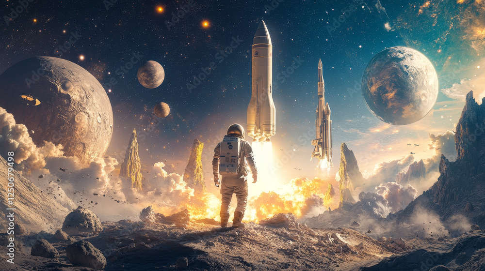 Aufkleber space landing page. kid astronaut in outer space and rocket. startup homepage layout background or v