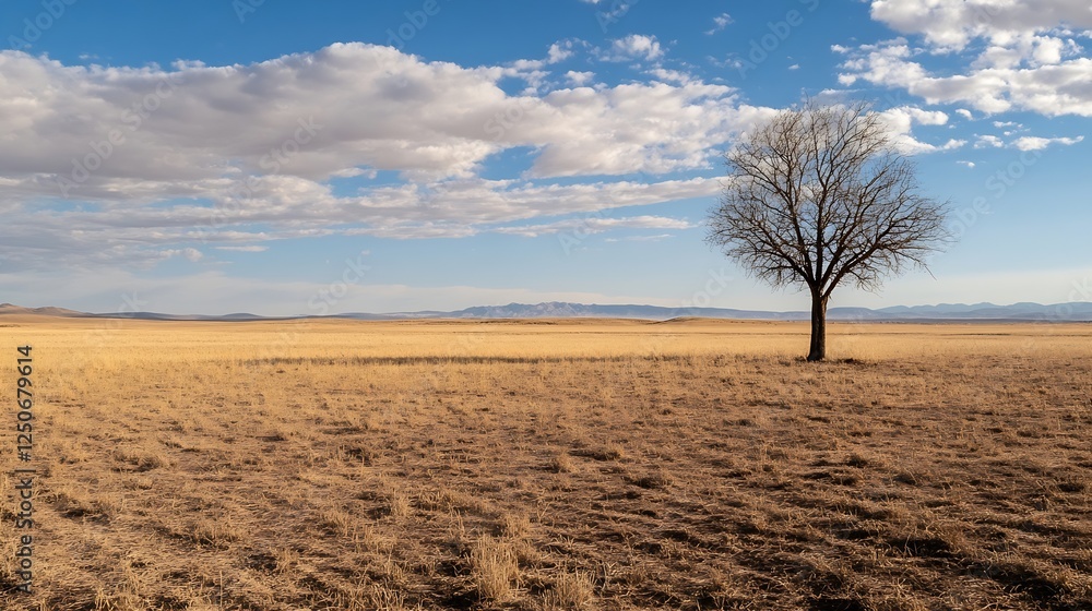 Aufkleber lonely leafless tree standing tall in vast golden grassland under bright blue sky with fluffy clouds
