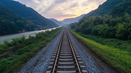 Peaceful railway tracks leading through mountains under colorful sunset sky : Generative AI