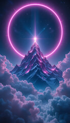Majestic Neon-Lit Clouds Surrounding a Towering majestic neon-lit clouds surrounding a towering celestial mountain, bathed in violet and magenta glow, with a radiant energy ring and a star-filled sky