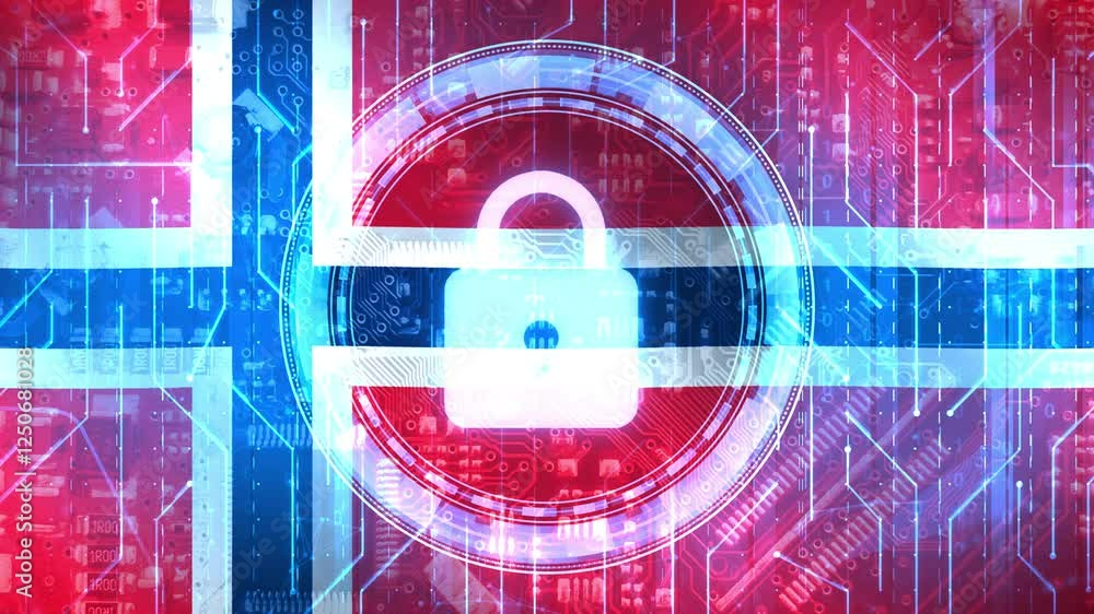 Poster cyber security in norway concept with glowing lock and flag in the backdrop, 4k futuristic tech back