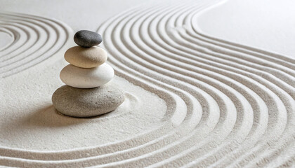 Zen Garden with Stones and White Sand Pattern, Balanced Pebbles for Relaxation, Meditation, and Massage.