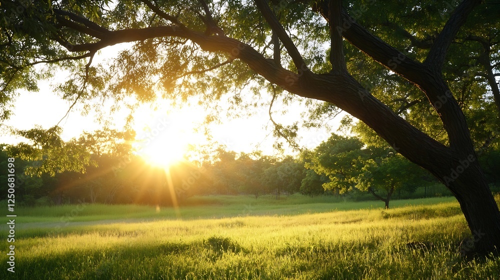 Poster golden sunlight streaming through lush green trees in a beautiful nature setting : generative ai