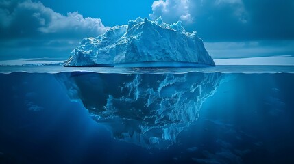 Dramatic Iceberg Above and Below Water with Reflection and Blue Ocean