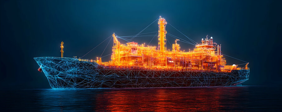 Floating FPSO, ocean night, network
