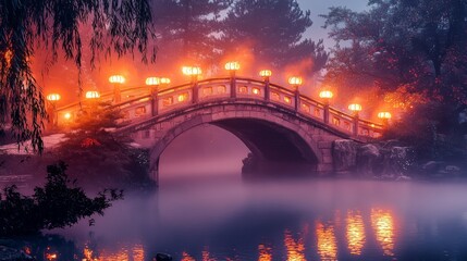 Glowing fairytale bridge with golden lanterns lighting the way on a misty night. --chaos 20 --ar 16:9 --quality 2 --v 6.1 Job ID: ac60ce90-a125-41b2-b740-f50a2740629d
