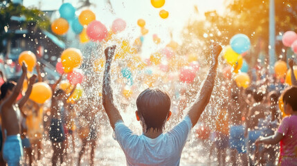 Fototapeta premium A man is surrounded by a group of people and balloons