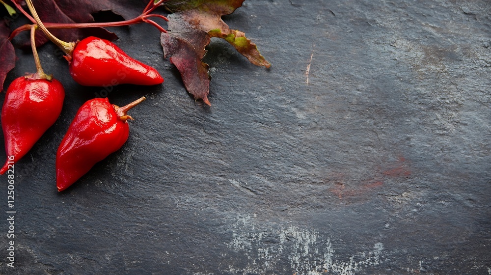Poster Fresh red chili peppers arranged on a dark textured surface emphasizing vibrant color and freshness : Generative AI