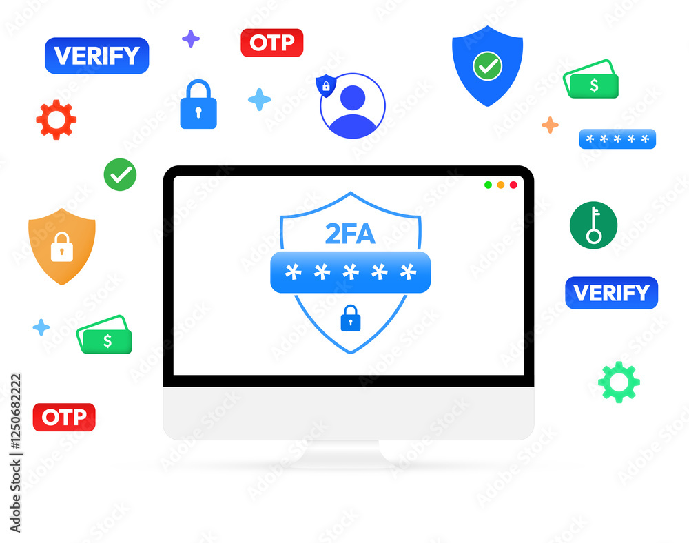 Poster two factor authentication security concept design with colorful symbols floating around the screen. 