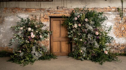 Rustic Floral Wedding Arch with Brick Wall Backdrop