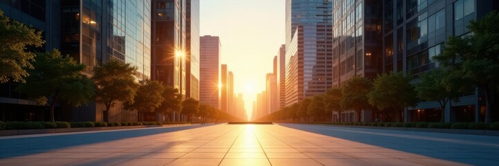 Obraz premium Gleaming skyscrapers cast shadows on sun-drenched square , towers, district, shadow
