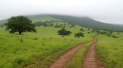 Serene Hillside Path: A Misty Morning in the Savannah