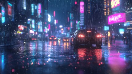 Fototapeta premium Illuminated raindrops on a car windshield reflecting vibrant city lights. --chaos 20 --ar 16:9 --quality 2 --v 6.1 Job ID: 6363cd54-ca0e-4df6-a7bb-ffbd6397a2c4