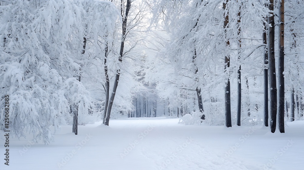 Poster Winter Wonderland Scene with SnowCovered Trees and Pathway in the Forest : Generative AI