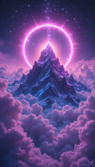 Majestic Neon-Lit Clouds Surrounding a Towering majestic neon-lit clouds surrounding a towering celestial mountain, bathed in violet and magenta glow, with a radiant energy ring and a star-filled sky