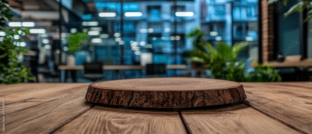 Poster rustic wooden tabletop display in modern office setting
