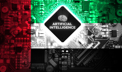 United Arab Emirates in Artificial intelligence with glowing brain on the Chip backdrop.