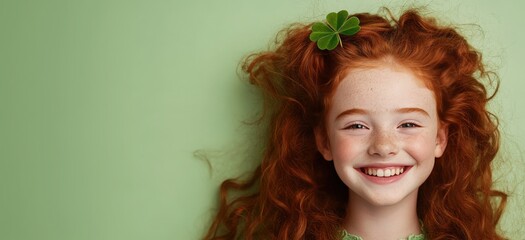 Smiling girl with curly red hair and a clover in her hair. Banner, background for St. Patrick's Day with space for text