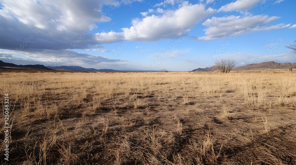Poster wide view of dry grass field under a beautiful cloudy sky during daytime : generative ai