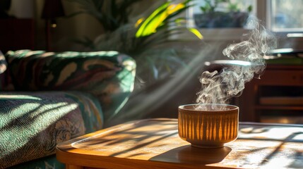 Warm morning light casting soft shadows on a wooden coffee table with a steaming cup. --chaos 20 --ar 16:9 --quality 2 --v 6.1 Job ID: 4c9596a5-5d9f-4b2a-b3ff-09ed65ac9607