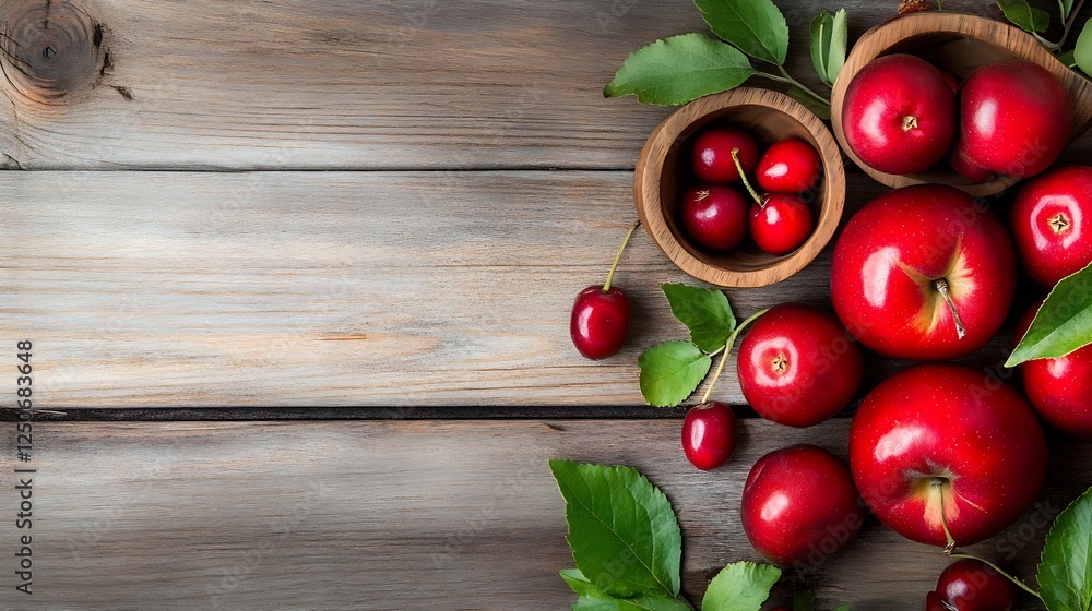 Poster fresh red apples and cherries arranged on a rustic wooden table with green leaves : generative ai