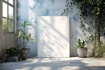 Vertical white rectangle poster mockup with soft diagonal window shadows cast on a smooth gray concrete wall. Minimalist flat lay, top view design, ideal for showcasing artwork or branding.