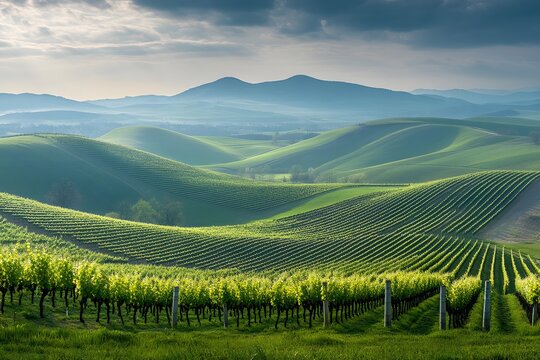 Vineyard sunrise, rolling hills, scenic landscape, agriculture