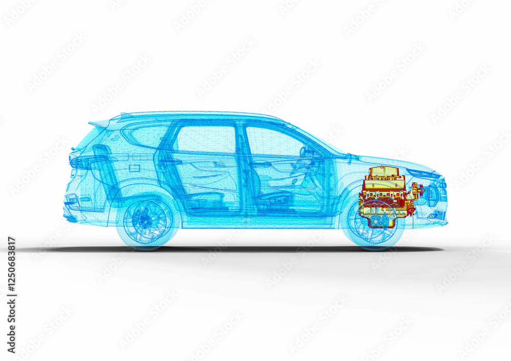 Poster 3d render image representing an xray of a car with an overheated engine