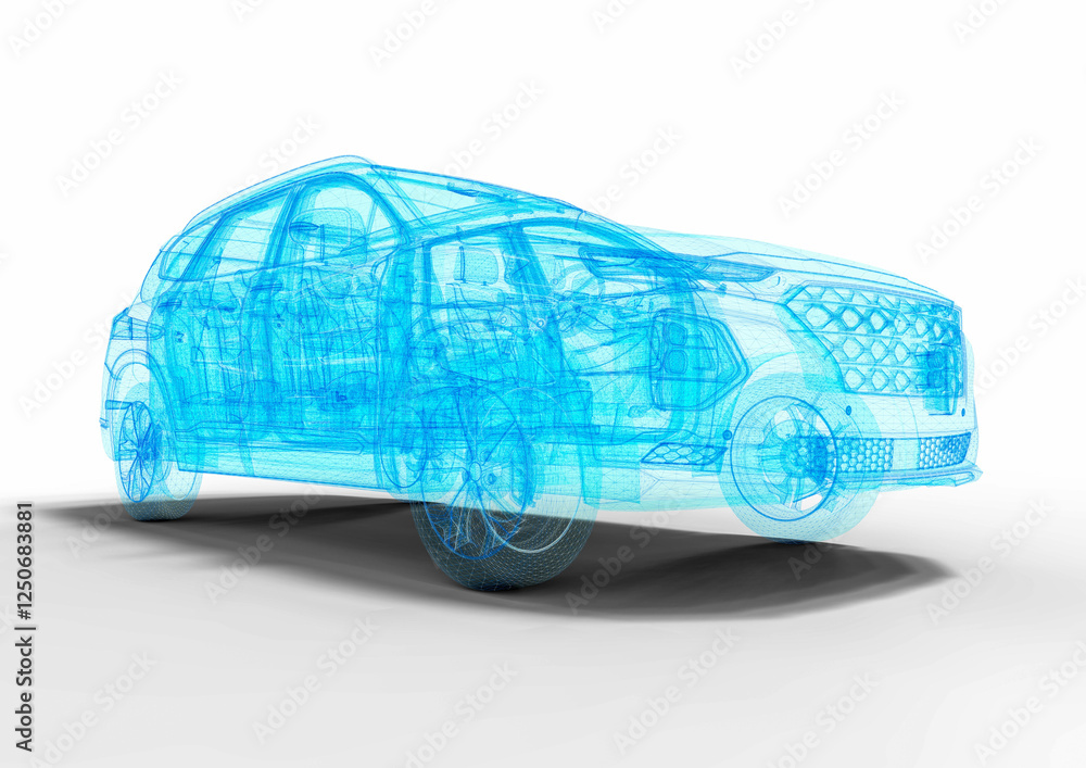 Poster 3d render image of a car in blue wire frame that representing an suv hologram.