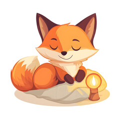 Obraz premium A fox curled up with a blanket and a glowing lamp