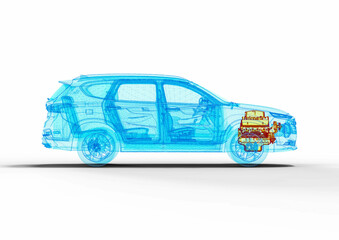 3D render image representing an xray of a car with an overheated engine