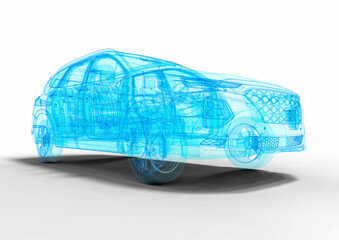 3D render image of a car in blue wire frame that representing an SUV hologram.