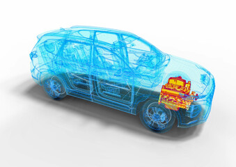 3D render image representing an xray of a car with an overheated engine