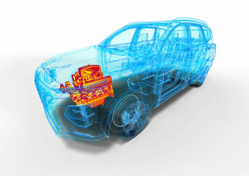 3D render image representing an xray of a car with an overheated engine