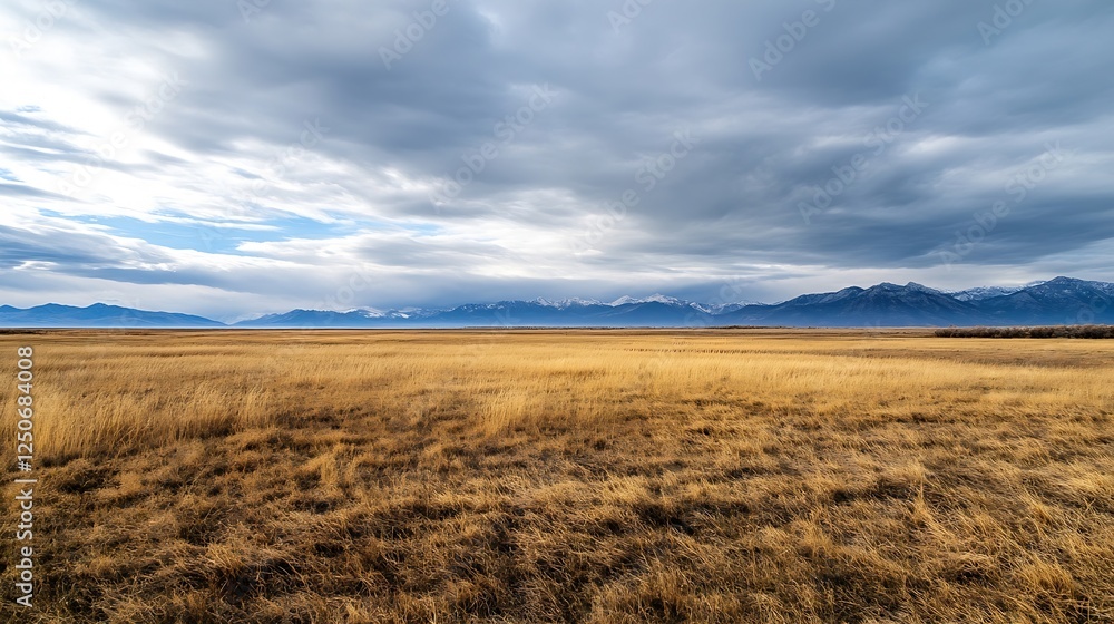 Poster vast prairie landscape under dark clouds with mountain range on the horizon capturing nature's majes