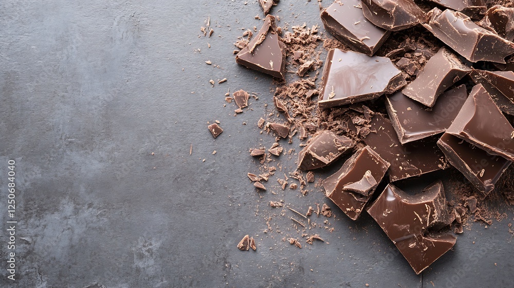 Poster delicious dark chocolate pieces scattered on a rustic gray surface perfect for dessert styling : gen