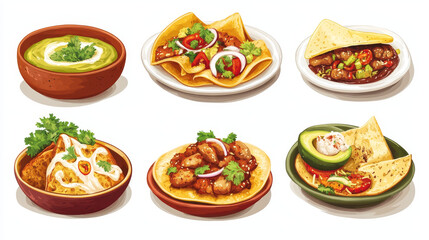 Mexican food restaurant meals and sauces posters. Tortilla nachos, avocado soup and chicken with Mole Poblano sauce, beef tortilla wrap, chilli and quesadilla, Mollete sandwich, Habanero salsa vector