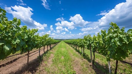 Obraz premium Beautiful Vineyard Landscape Under Clear Blue Sky with Lush Green Grapevines : Generative AI