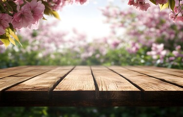 Wooden table, spring blossoms, garden background, product display
