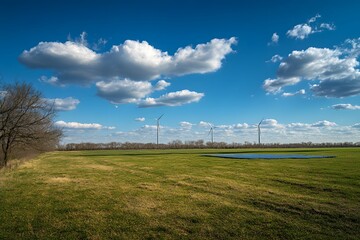 Wind turbines in rural field, sunny day, blue sky, renewable energy