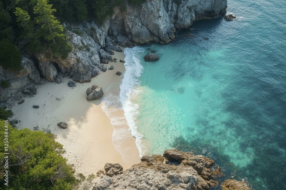 Wall mural Aerial view of secluded beach surrounded by rocky cliffs, turquoise waters, and lush greenery